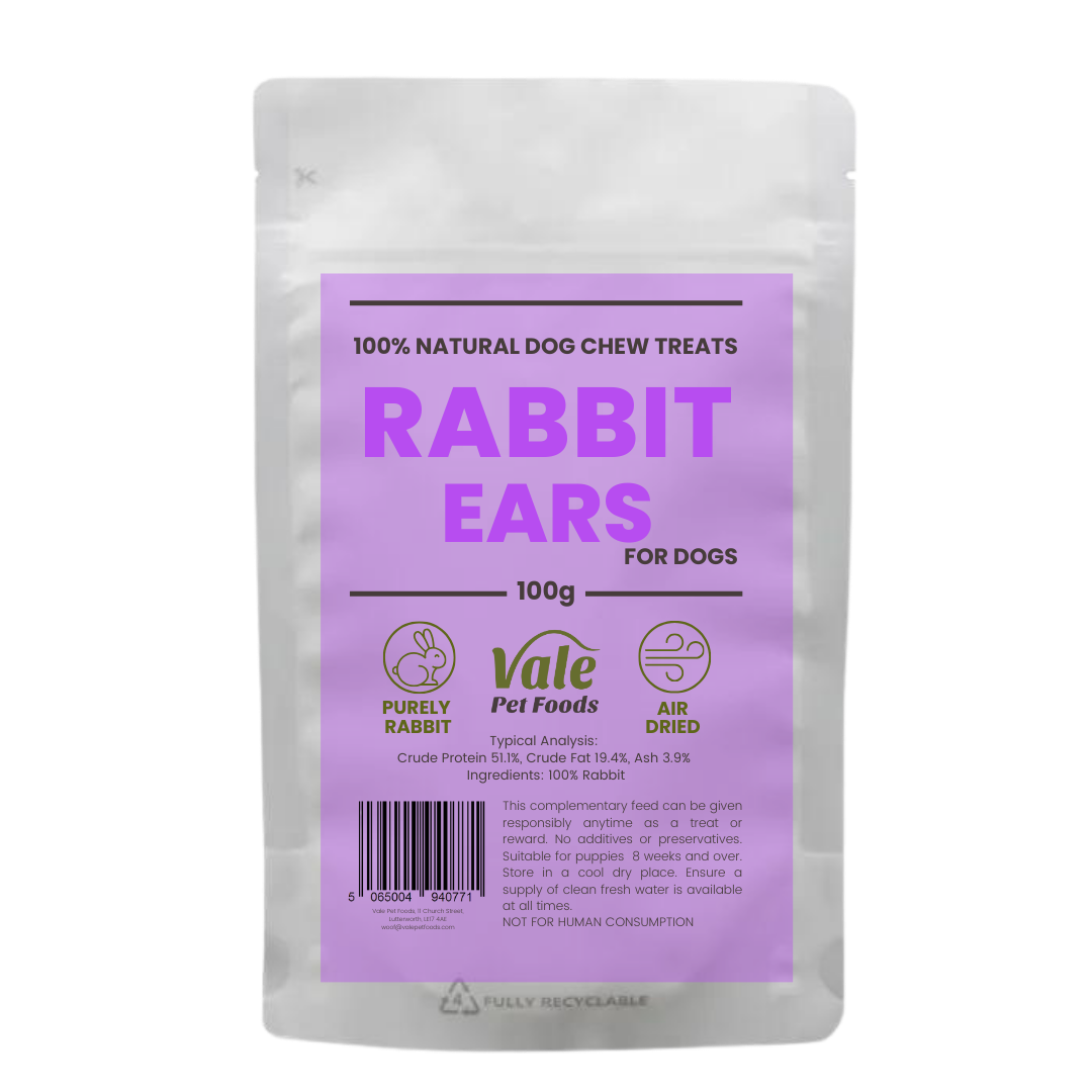 Pack of Vale Pet Foods Rabbit Ears dog treats on a white background