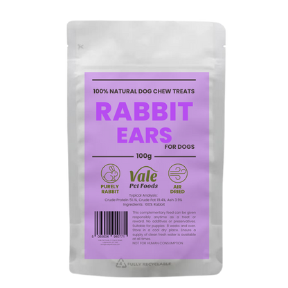 Pack of Vale Pet Foods Rabbit Ears dog treats on a white background